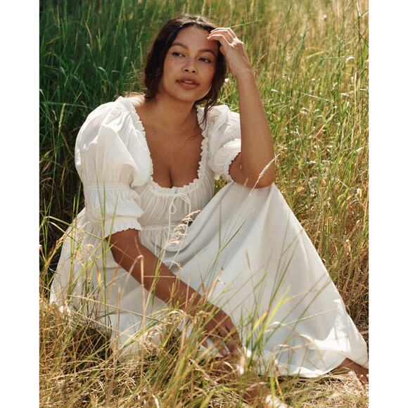 DOEN Ischia Shirred White Organic Cotton-Voile Midi Dress Size Large - Picture 2 of 10